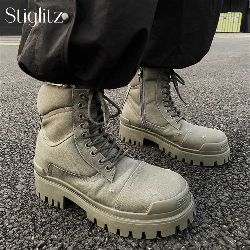 Army Green Canvas Motorcycle Boots Punk Style Lace up Ankle Boots Designer Style Fashion Handmade Platform Modern Boots for Men