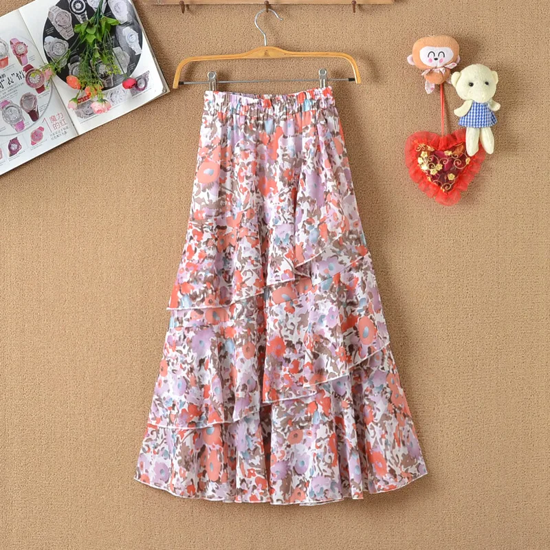 

Floral Chiffon Skirt Women's Mid-Length Daisy Print f Skirt Spring Summer Autumn Faionable Cake Skirt Cotton Blend Fabric