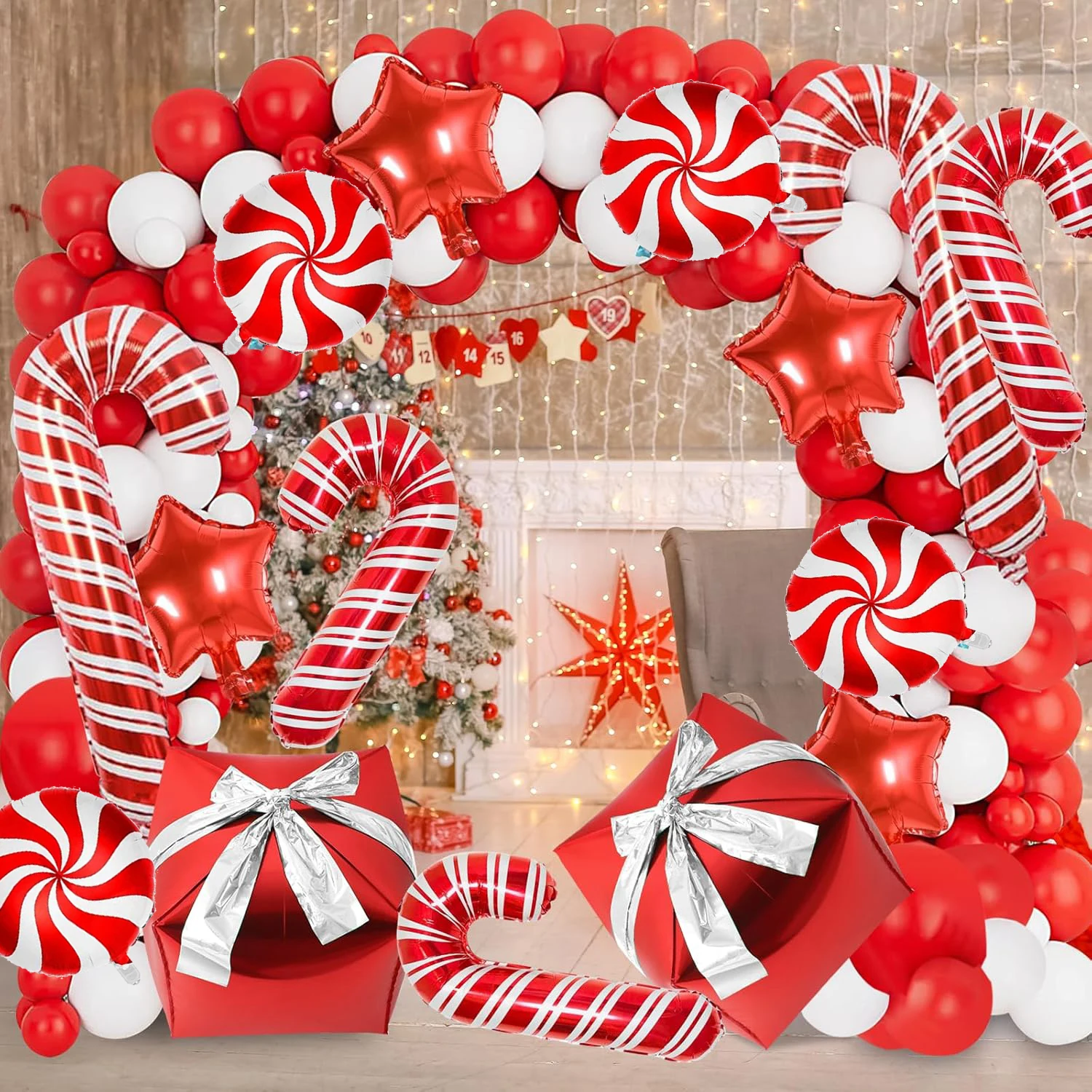 23pcs Red Bow Candy Cane Handheld Stick Windmill Balloon Set Christmas Party Home Interior and Exterior Decoration