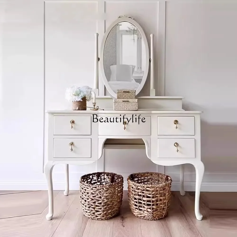 

yj5French solid wood old retro dresser with mirror multi-functional storage cabinet small apartment modern and simple