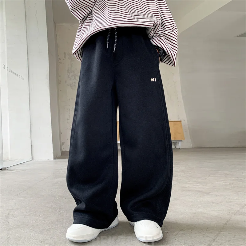 Children Autumn Black Grey Cotton Sweatpants for Tweens Boy Loose Straight Drawstring Pants Kids Spring Casual Sports Trousers