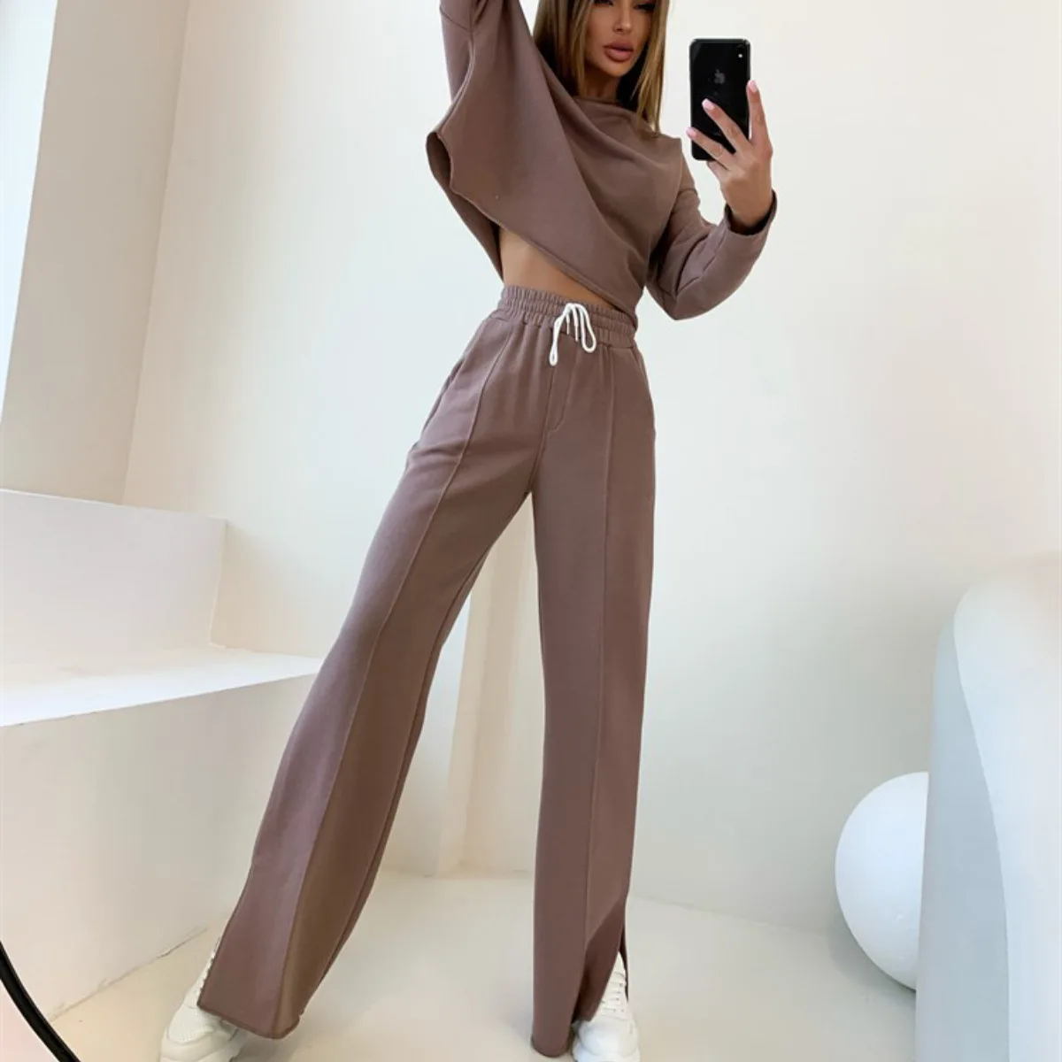 2024 Womens Autumn 2 Piece Outfits O-neck Long Sleeve Tops Loose Wide Leg Pants Lounge Sets Straight Trousers Suit Ropa Mujer