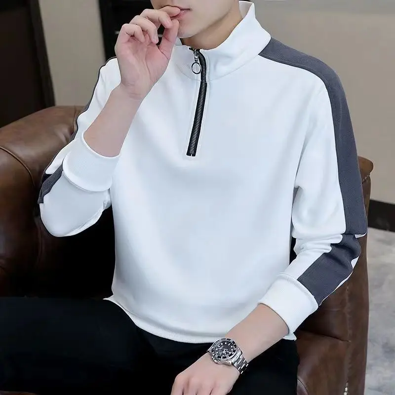 2024 New Spring and Autumn Leisure Simple and Loose Oversized Standing Neck Half Zipper Color Block Long Sleeved Sweater for Men