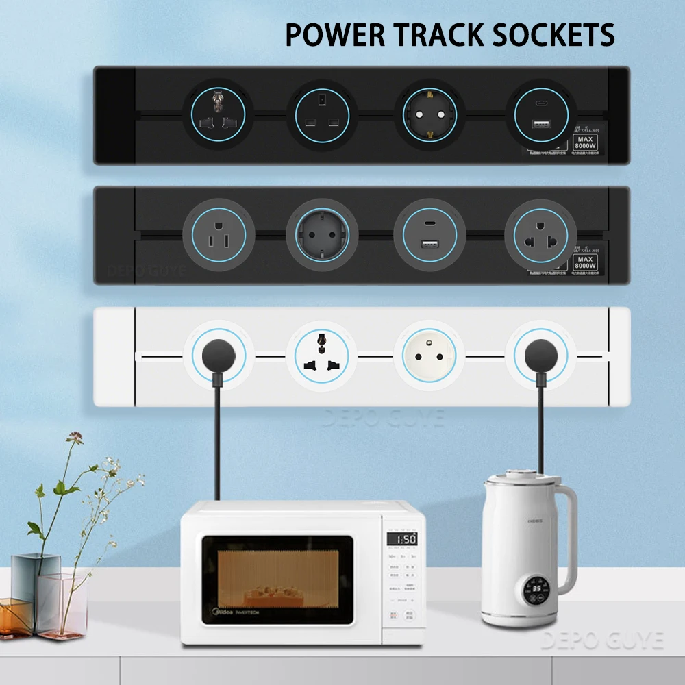 Power Track Socket EU/France/Italy/Israeli/UK/US Home Kitchen Romovable Adapterr Plug With USB Type-c Universal Outlet