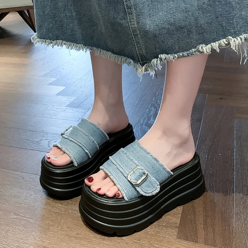 New Women Denim Frayed Edge Buckle Strap Chunky Layered Platform Slides Open Toe Thick Sole Casual Summer Sandals Slippers Shoes
