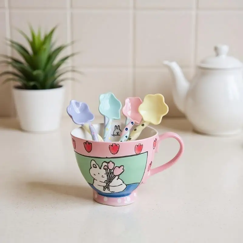 1 قطعة النحت الرمال الإبداعية السيراميك مقبض طويل ستار على شكل ملعقة المنزلية اثارة ملعقة زهرة على شكل ملعقة قهوة الحلوى