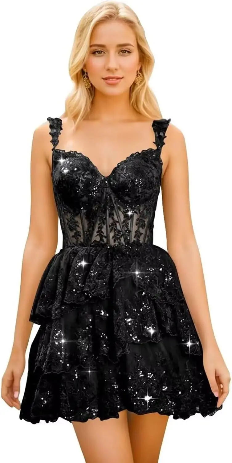 

Tiered Lace Corset Short Prom Dress for Women 2025 Elegant Sheer Applique Tulle Homecoming Dresses for Teens Above Knee , Mini