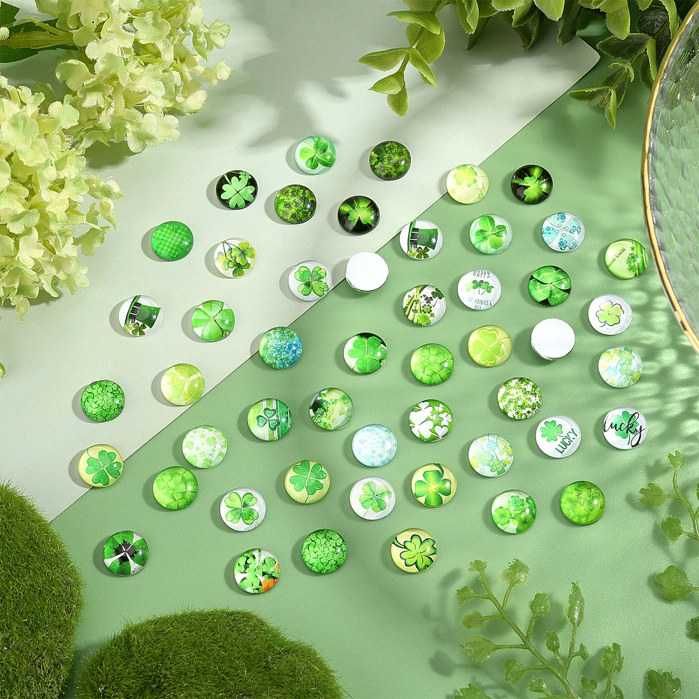 Clover Glass Cabochons 100pcs 12mm Shamrock Four Leaf Tiles 50 Styles Spring Green Half Round Dome Cabochon Irish Mosaic Tile