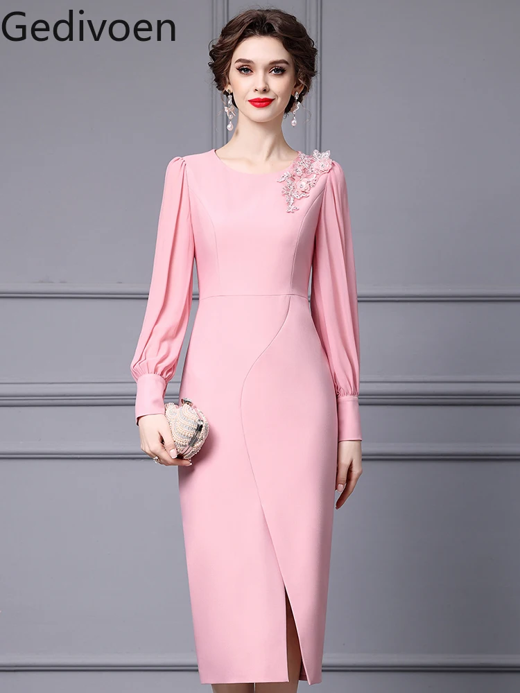 

Gedivoen Fashion Designer Spring Women's Dresses Puff Sleeve Beading Hydrangea Solid Office Lady Pencil Dress