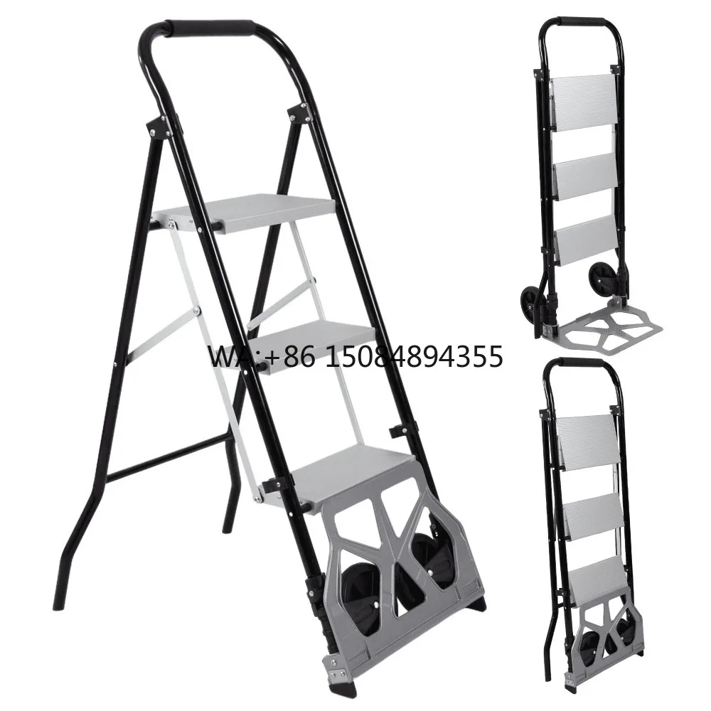 deliladder-2-in-1-industrial-folding-step-ladder-hand-truck-3-step-aluminum-with-wheels-platform-300-lbs-capacity