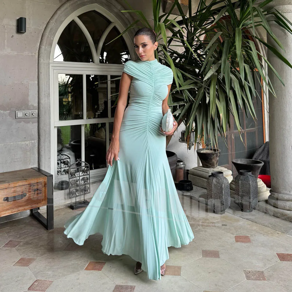 

Elegant Mint Green Evening Dresses with Ruched Bodice Chic Cap Sleeves Party Gowns Mermaid Chiffon Floor Length Prom Dresses