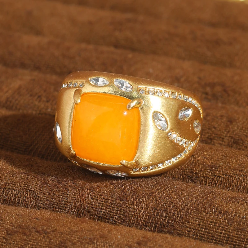 

Vintage Square Yellow Ring Natural Stone White Crystal Rhinestone Woman Gift Gold Color Accessories Luxury Designer Jewelry