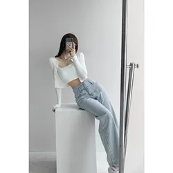 Washed Jeans Wide Leg Pants Women High Waist Pockets Button Basics Solid Full Length Denims Casual Vintage Straight Trousers