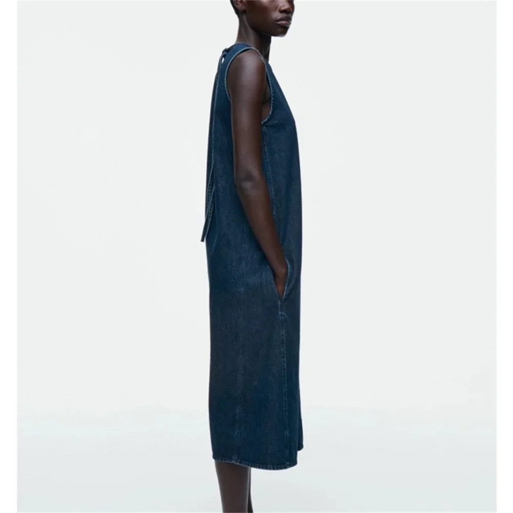 

Female O-neck Sleeveless Straight Long Dress Women Blue Denim Midi Dress Elegant Casual Fashion 2025