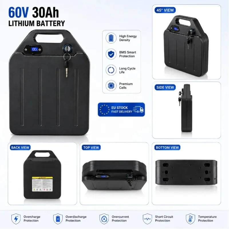 60V 40Ah Langstrecken-Li-Ionen-Akku 18650 Wasserdichtes Smart-BMS 67,2V 2A Ladegerät Kompatibel mit 60V Elektroroller Chopper Motorrad EU Schnelle Lieferung