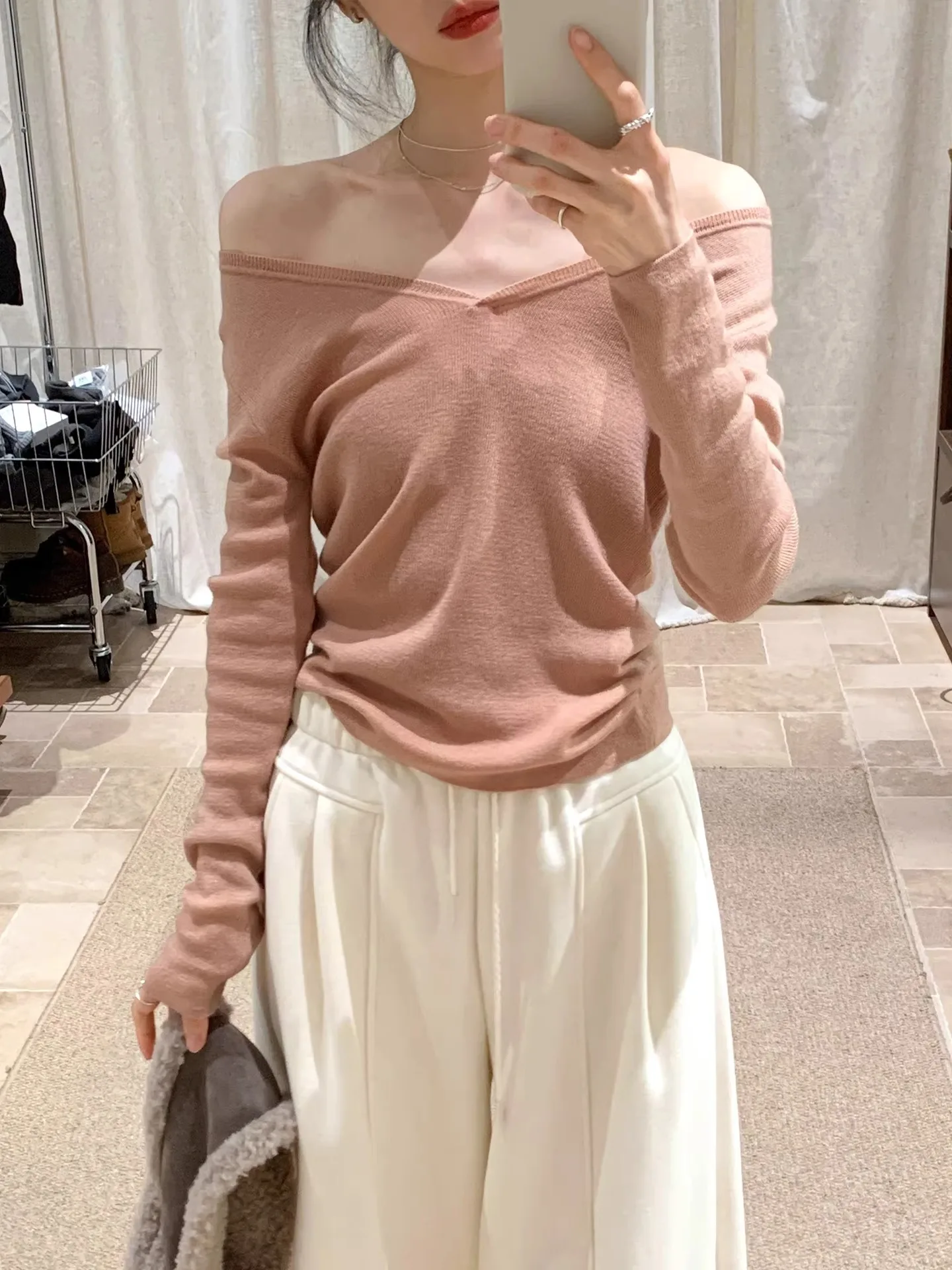 

Korean Sle Pink V-Ne Wool Knitwear Women's Faion Slim Fit Long Sve Inner Wear oulder Baring Waist Cinching Top