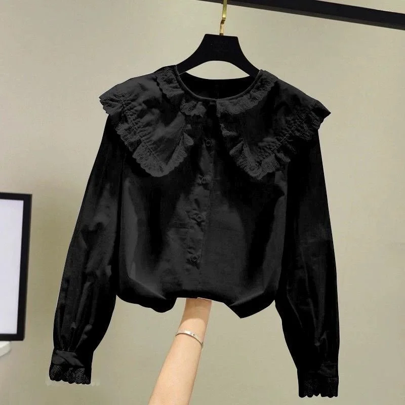 Spring Autumn Large Turndown Collar Shirt Women's Sweet Lace Doll Collar Long Sleeve Top Loose Single Breasted Versatile Blouse