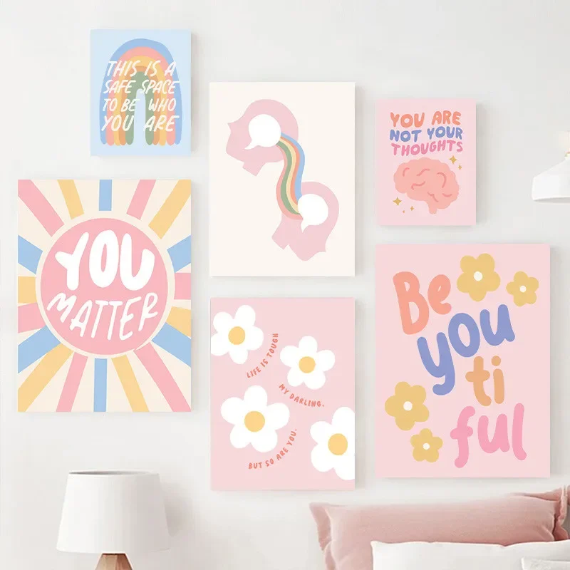 Multi-size 1PC frameless high-definition decorative paintings,Light Blue Cartoon Floral & Rainbow Canvas Art — Inspirational Quo