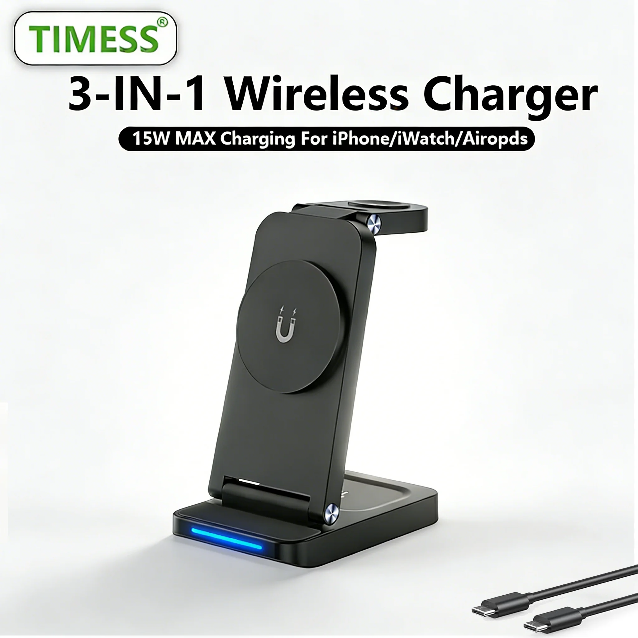 

TIMESS 3-IN-1 Wireless Charger For iPhone17 16 15 14 PRO MAX For Apple Watch Series 10-1 For Airpods pro Charging Station Stand