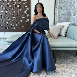 Luxury Nay Blue Party Dresses Beads Sequined Off The Shoulder Prom Gowns Fashion Floor Length Draped A-Lien Evening Dresses