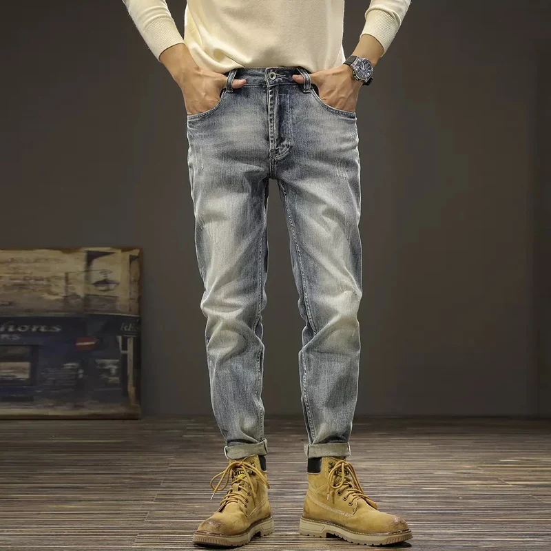 Italian Style Fashion Men Jeans Retro Gray Blue Elastic Slim Fit Ripped Jeans Men Trousers Vintage Designer Denim Pants Hombre