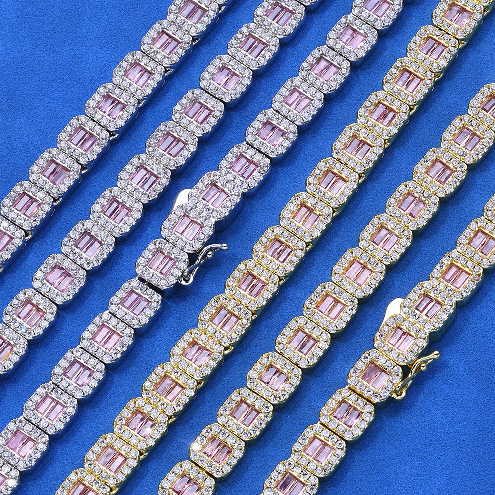 Gioielli Hip Hop Bling Collane da tennis 8mm Nuovo design Ragazze Baguette ghiacciate Rosa CZ Catena da tennis pavimentata Regalo per feste