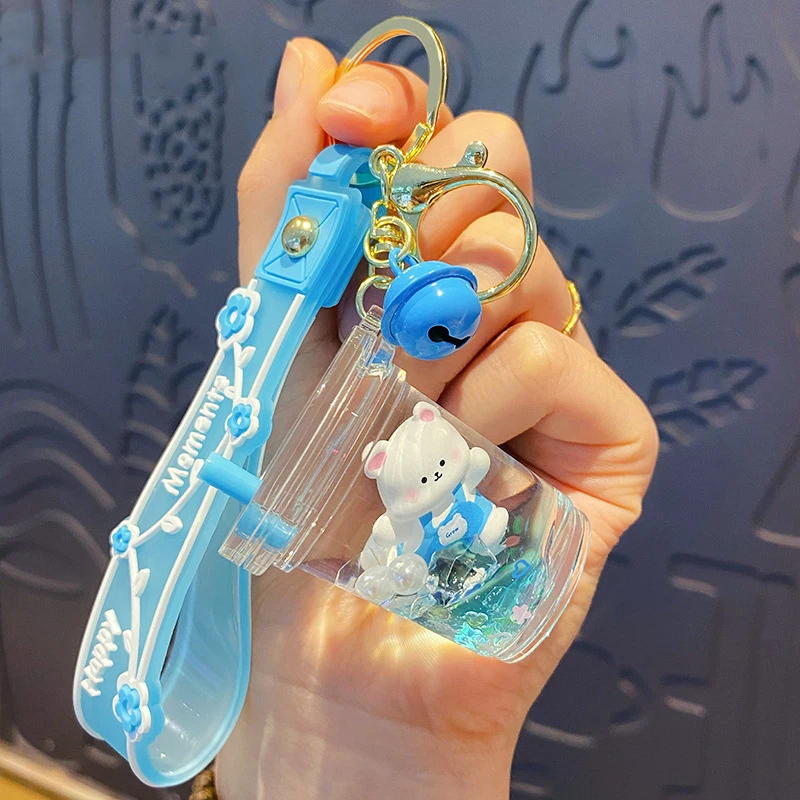 Cute Oil Floating Strapped Bear Blue Milk Tea Cup Key Chain Liquid Ice Pearl Sakura Sequin Purple House Quicksand Bottle Keyring