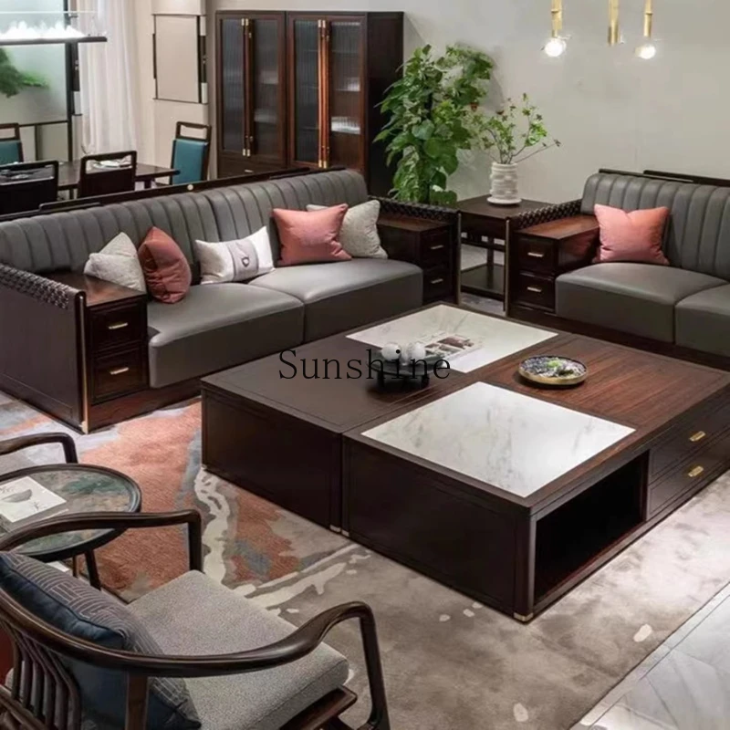 

New Chinese sofa light luxury modern, leather large apartment villa hotel living room high-end solid wood furniture