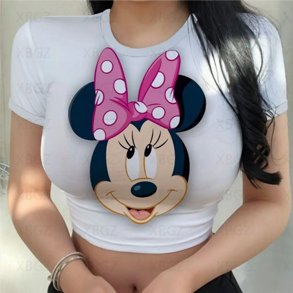 T-shirts Slim Fit Y2k Print Woman Clothes Cartoon Fashion Blouses 2024 Sexy Women's T-shirt Mickey Crop Top Minnie Mouse Disney