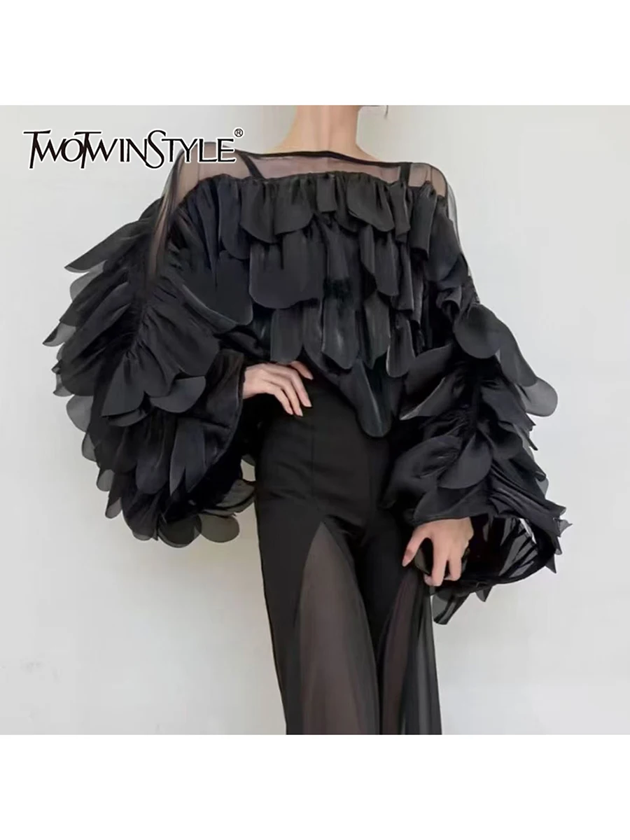 

TWOTWINSTYLE Solid Sheer Spliced Ruffles Folds Fashion Blouses for Women Round Neck Long Sleeves Elegant Blouse Female Clothing