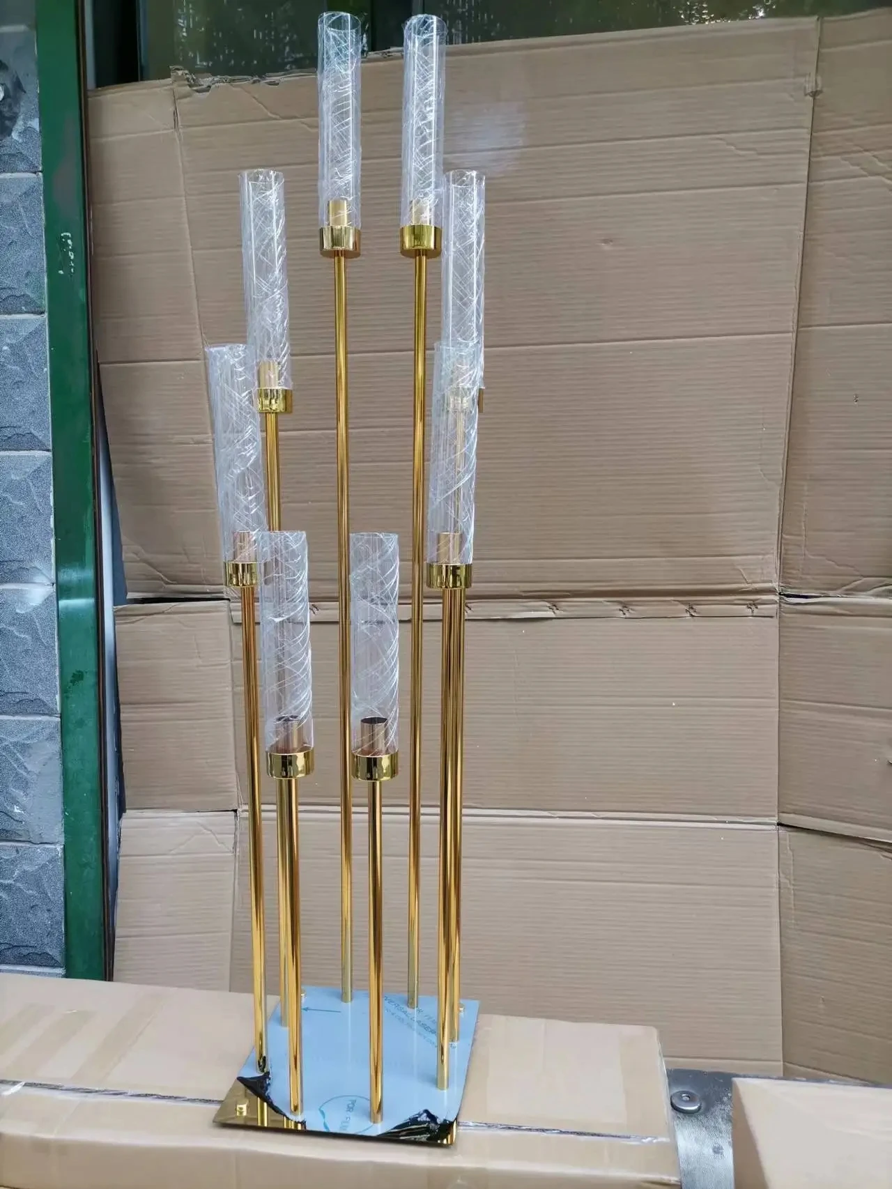 

8heads gold acrylic candle holder pillar candles metal stand for wedding stage decoration walkway