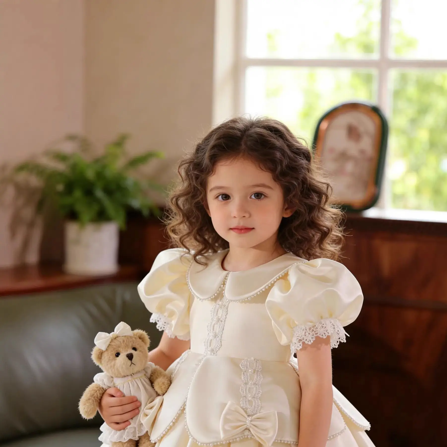 Custom Puff Sleeve Peter Pan Collar Lace Bow Satin Luxury Dress Women Wedding Guest Gown Kids Birthday Party Outfit for Pageant