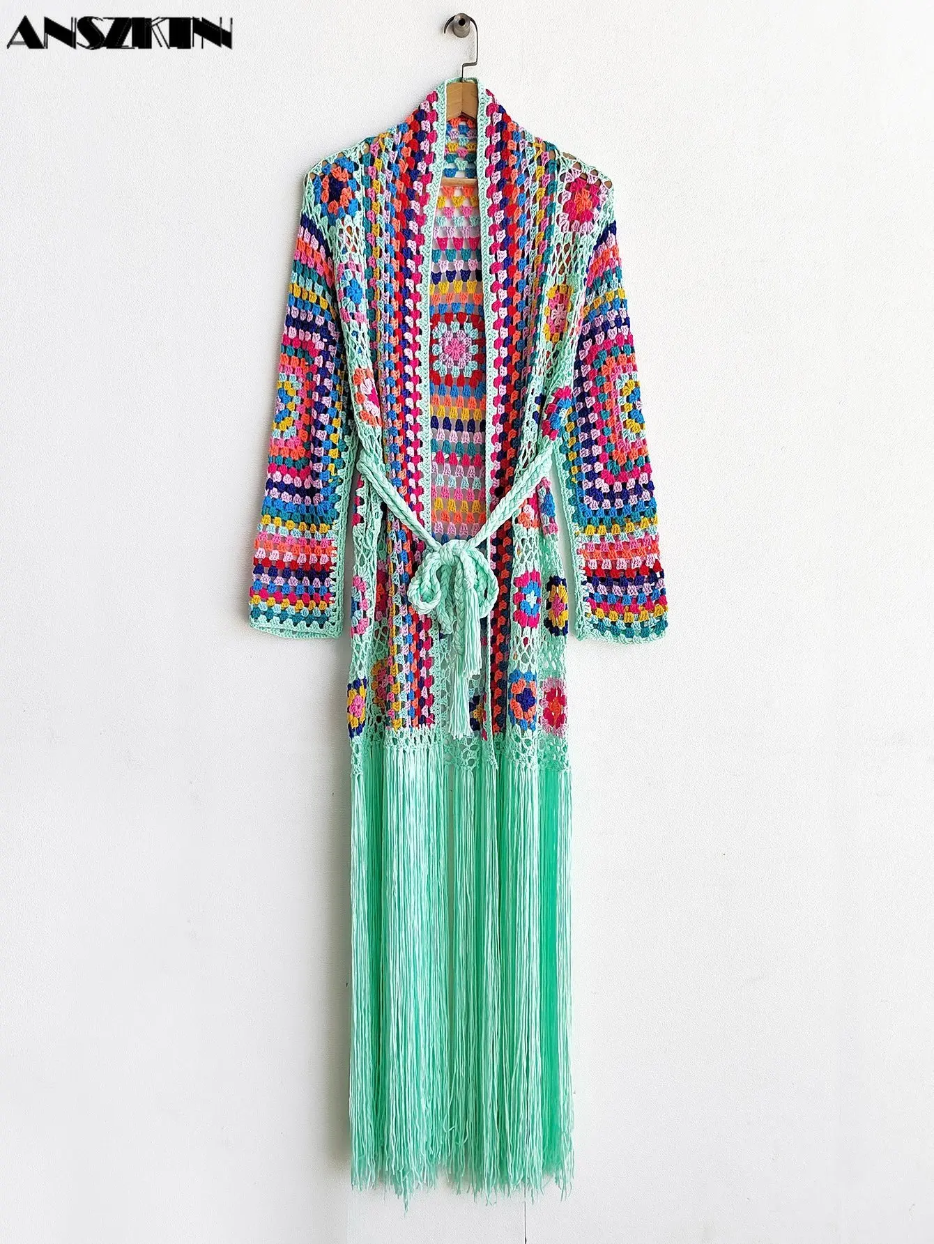 ANSZKTN Women Fashion Clothing Crochet Knitted Maxi Fringe Coats Jacket Casual Sweater Ladies Tassel Woman Long Cardigan