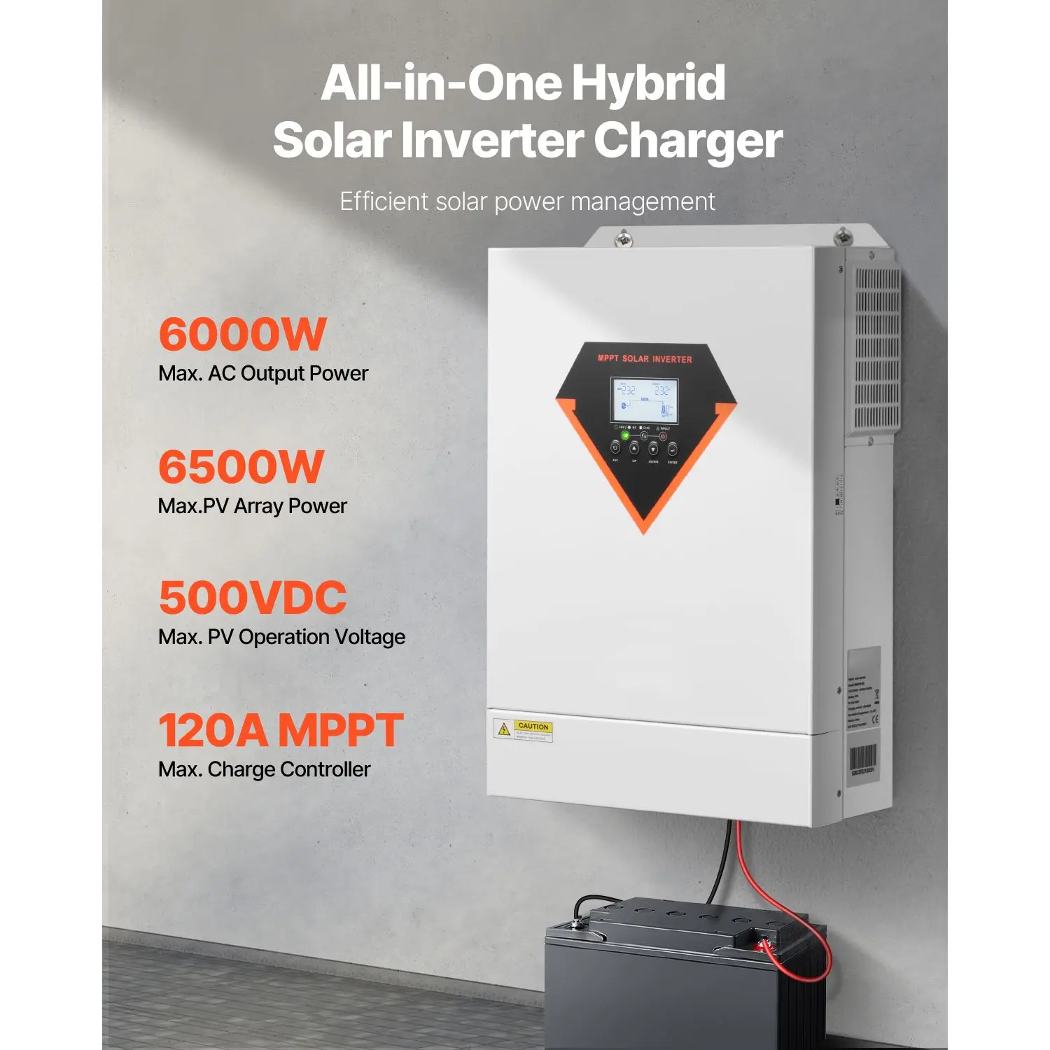 Hybrid Solar Inverter, 6000W, All in One Pure Sine Wave Power Inverter Charger, 48V DC to Single-Phase 220/230V AC, with
