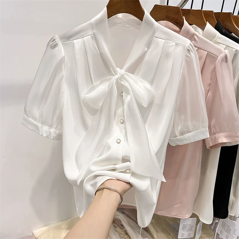 Women's High Quality Bow Lace Up Elegant Button Up Shirt Summer Korean Fashion Office Lady Blouse Solid Short Sleeve Tops Blusas