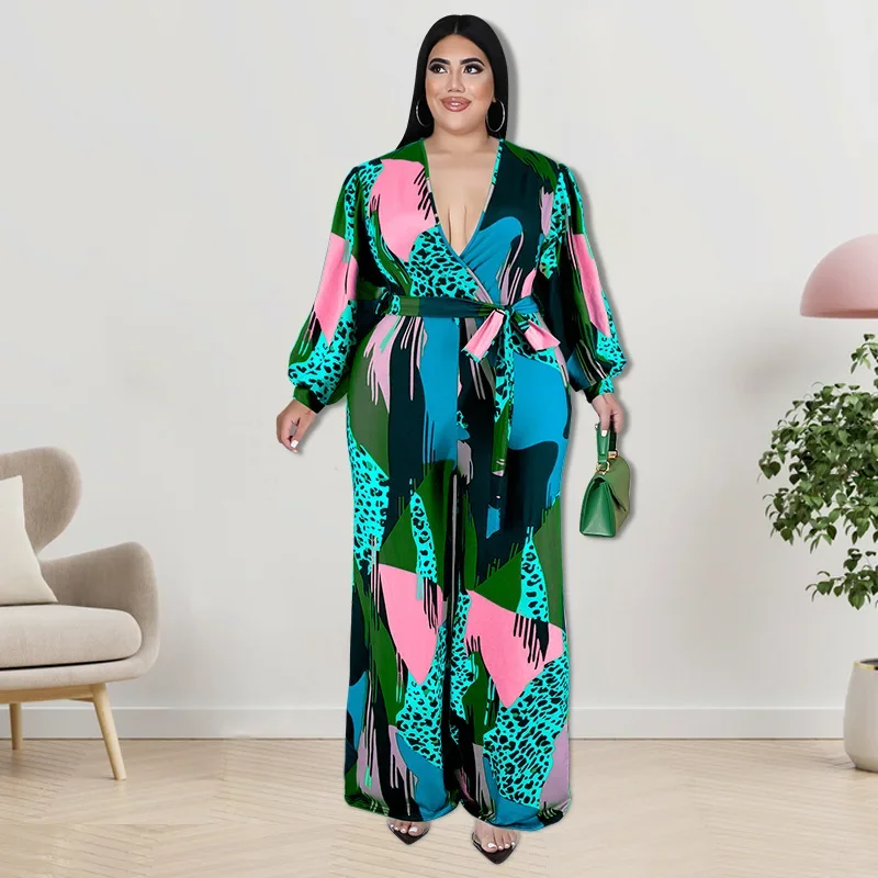 KEXU Women Plus Size Jumpsuit Print Long Sleeve V-neck Bandage Sashes Straight Jumpsuits 2024 Spring Street One Piece Overalls