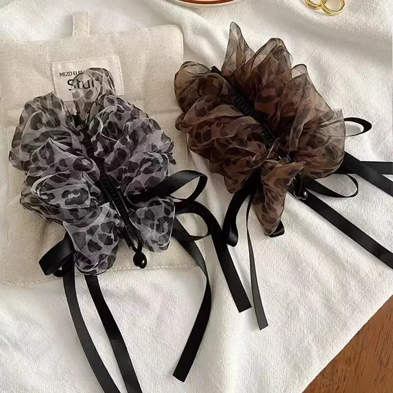 Retro Leopard Print Mesh Bubble Banana Clip Women High Ponytail Fixed Clip Back Head Shark Clip Half Zip Hair Style Hairpin New