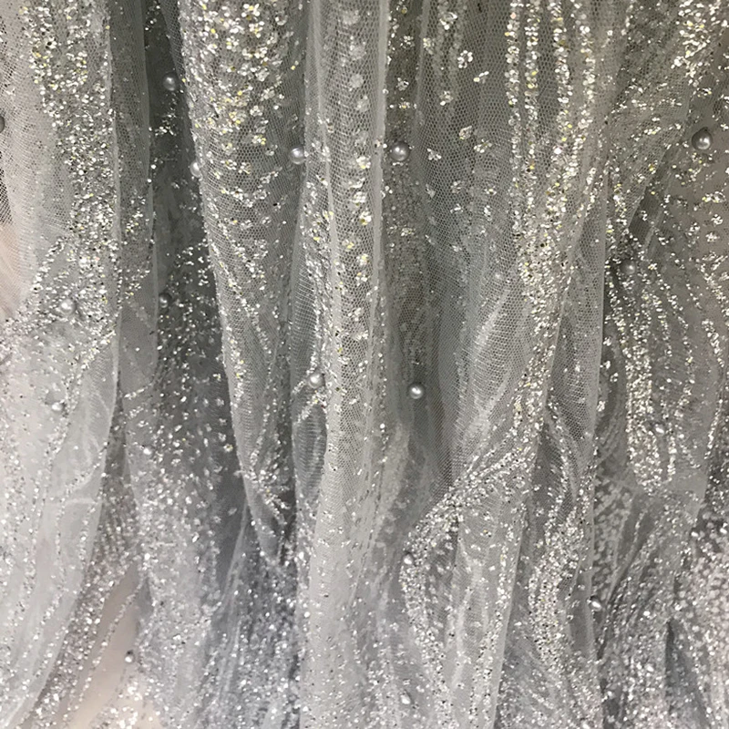 90x130cm Silver/Gold Sequins Glitter Fabric Pearl Bead Mesh Tulle Lace Telas Material DIY Wedding Dress Designer Sewing Fabric