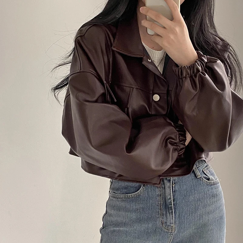 Women's Spring Autumn Long Sleeve Turn Down Collar Short Pu Leather Jacket Lady Single Breasted Pockets Faux Leather Outwear