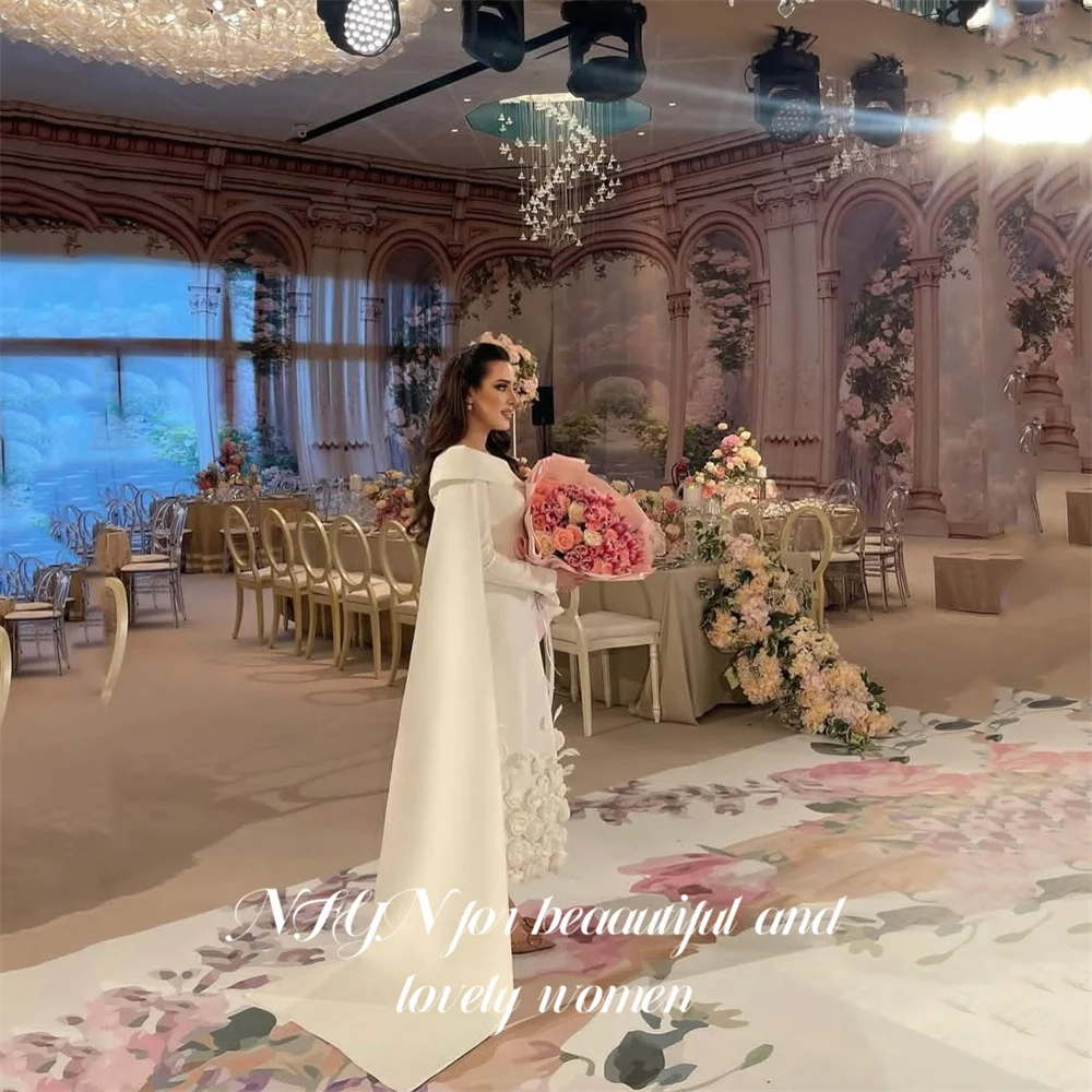 

NFYN White Prom Dress Satin Fitted Gala Dress Long Cape Sleeve Saudi Arabic Party Gown Floral for Wedding Occasions Customized