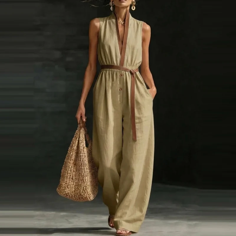 

Fashion Color Blocked Sleeveless Halter Jumpsuits Summer Casual V-neck Pocket Commute Rompers Elegant Lace-up Playsuits Overalls