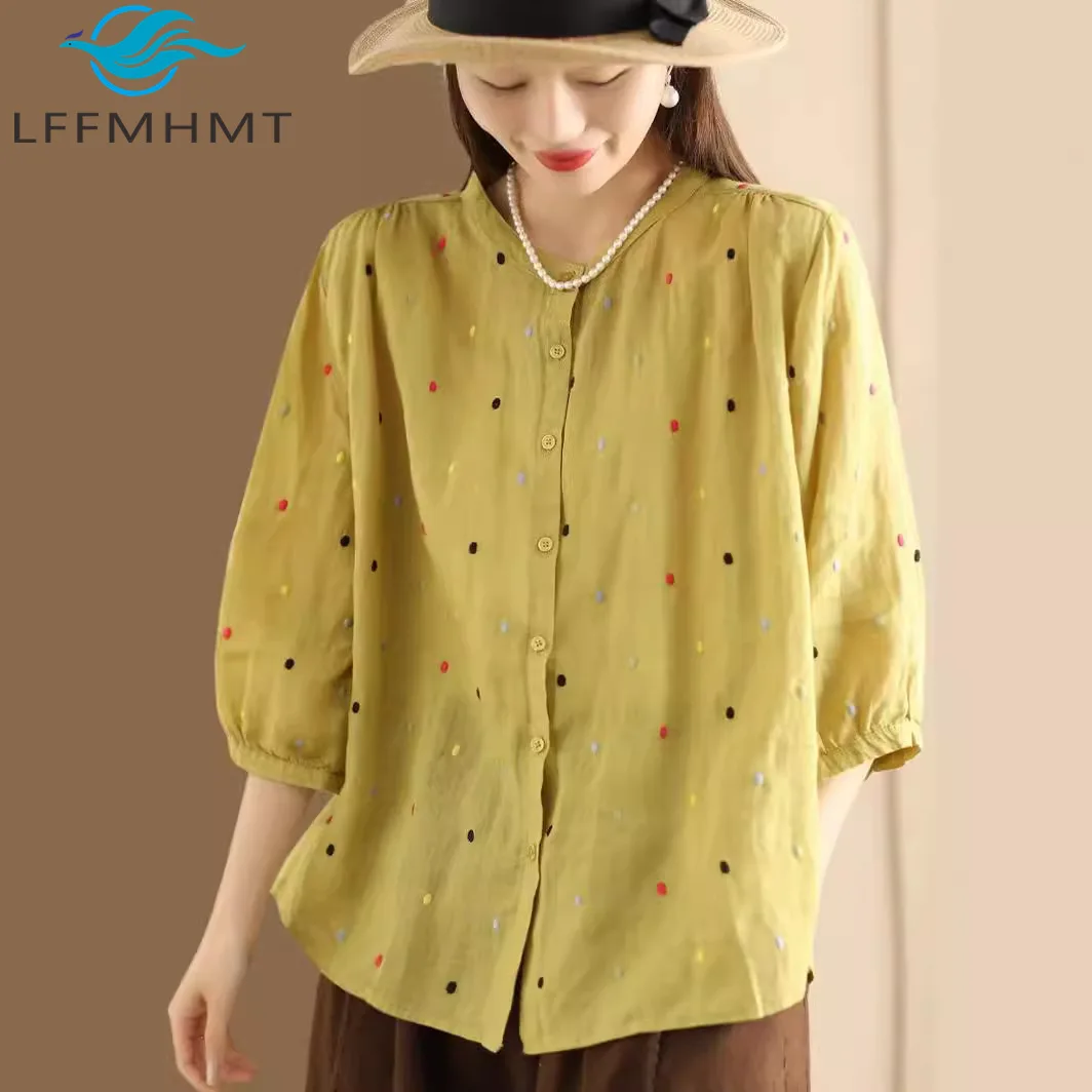 

Summer Women's Loose-fit Single-breasted Ramie Shirt Artistic Embroidery Polka Dots Fashion Stylish Comfortable Women Blouses