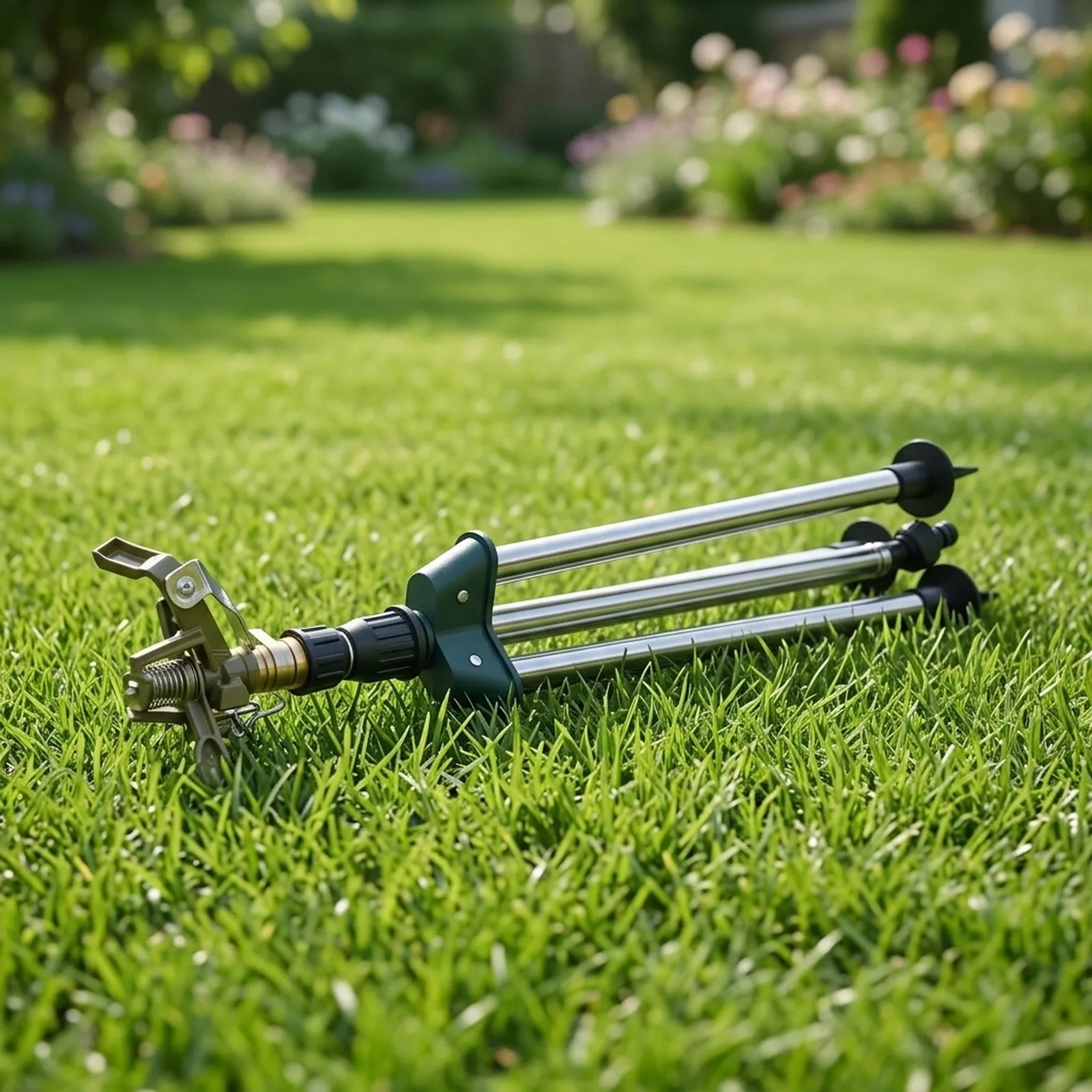 Outdoor Tripod Sprinkler Built with Brass Components and Stainless Steel Parts for All Weather Irrigation Tasks