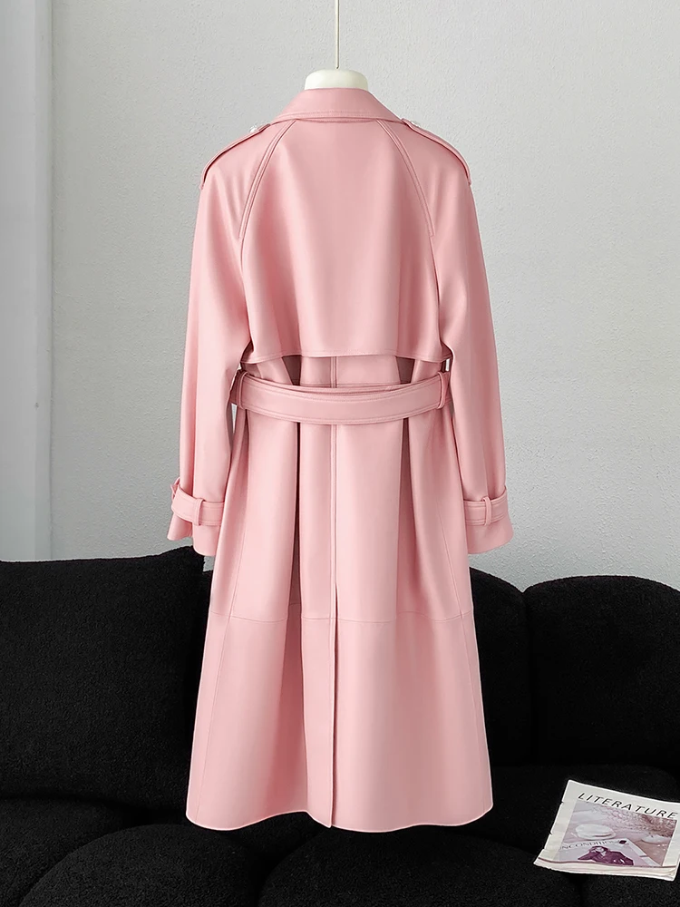 Veste longue en cuir véritable pour femmes, coupe cintrée, élégante, Double boutonnage, rose, ceinturée, Trench-vent en peau de mouton, 2025
