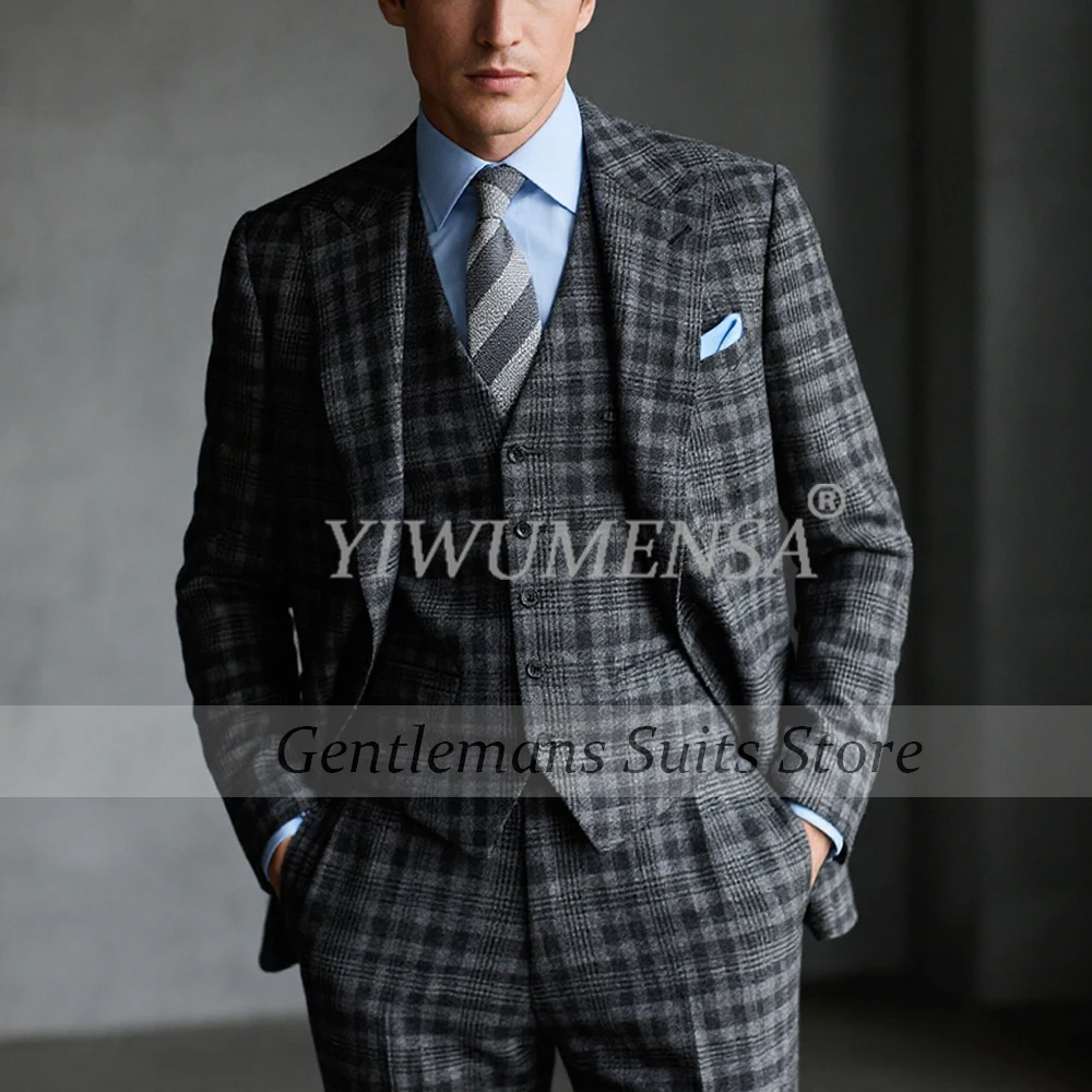 

Деловой костюм в клетку в клетку, комплект из 3 предметов в британском стиле, свадебные смокинги для жениха, индивидуальные мужские вечерние пиджаки, костюмы homme 2025