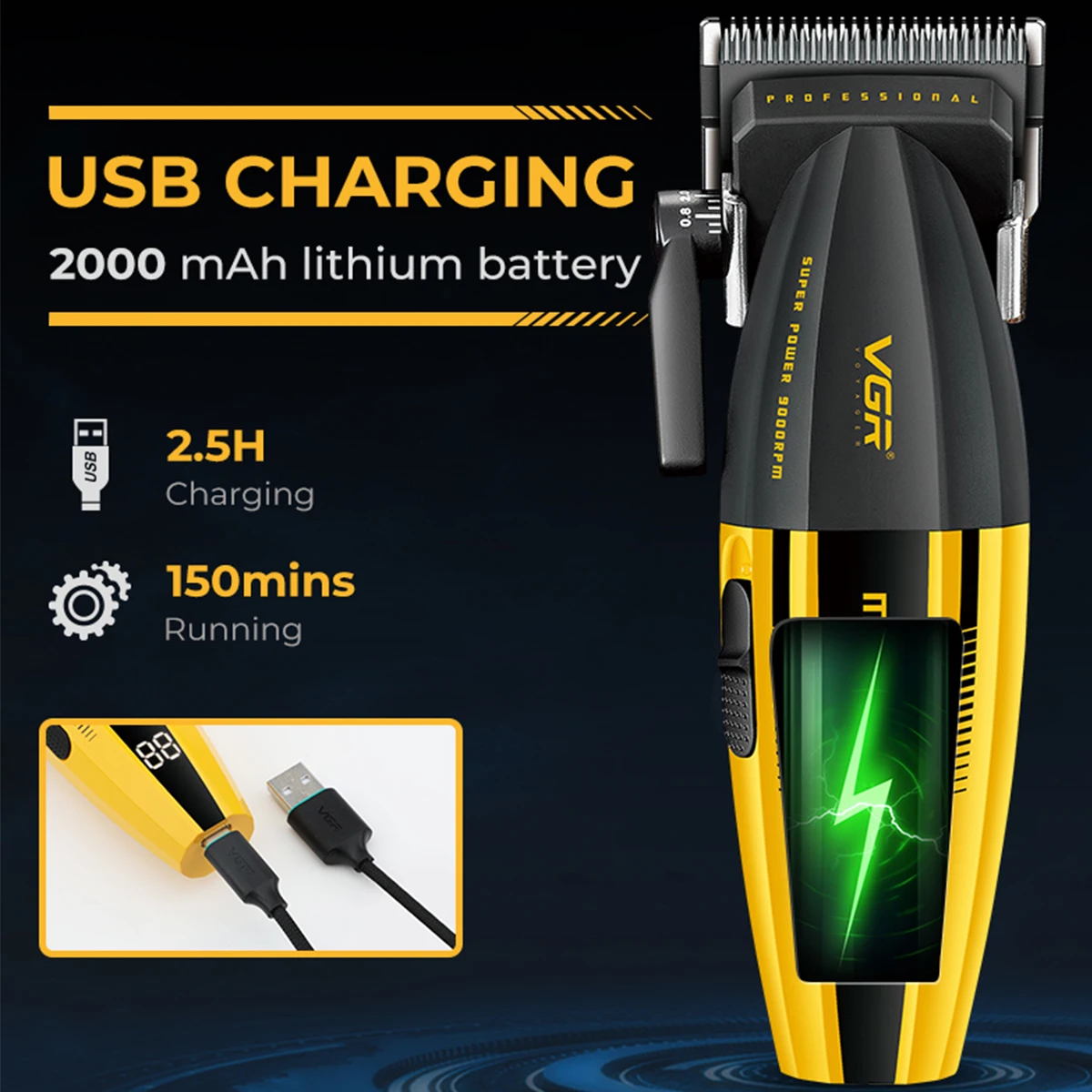 9000RPM VGR V-285 メンズバリカン LED ディスプレイ DLC ブレードコードレスセラミックブレードプロフェッショナルヘアカットマシンヘアトリマー