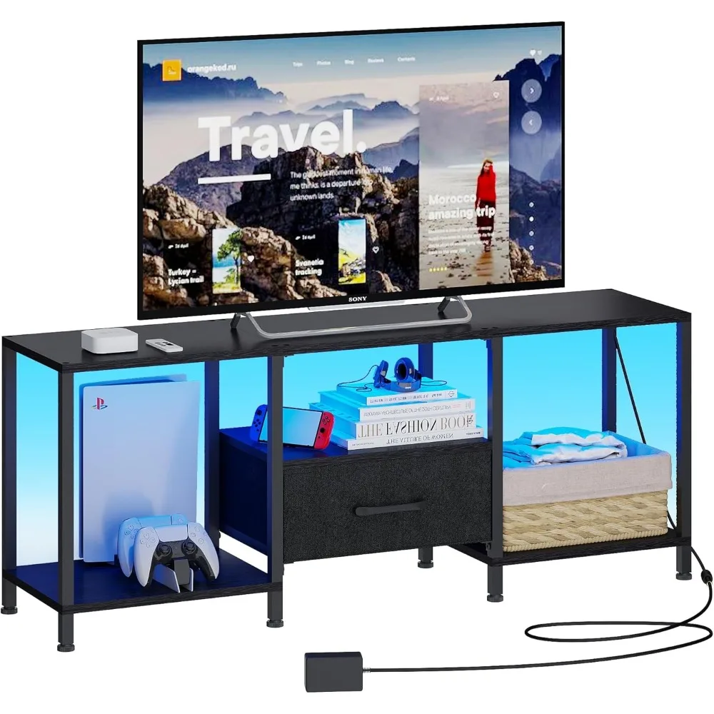 

TV Stand with LED Lights, Entertainment Center with Open Shelves and Fabric Drawer, Media Console for 55 Inch TV
