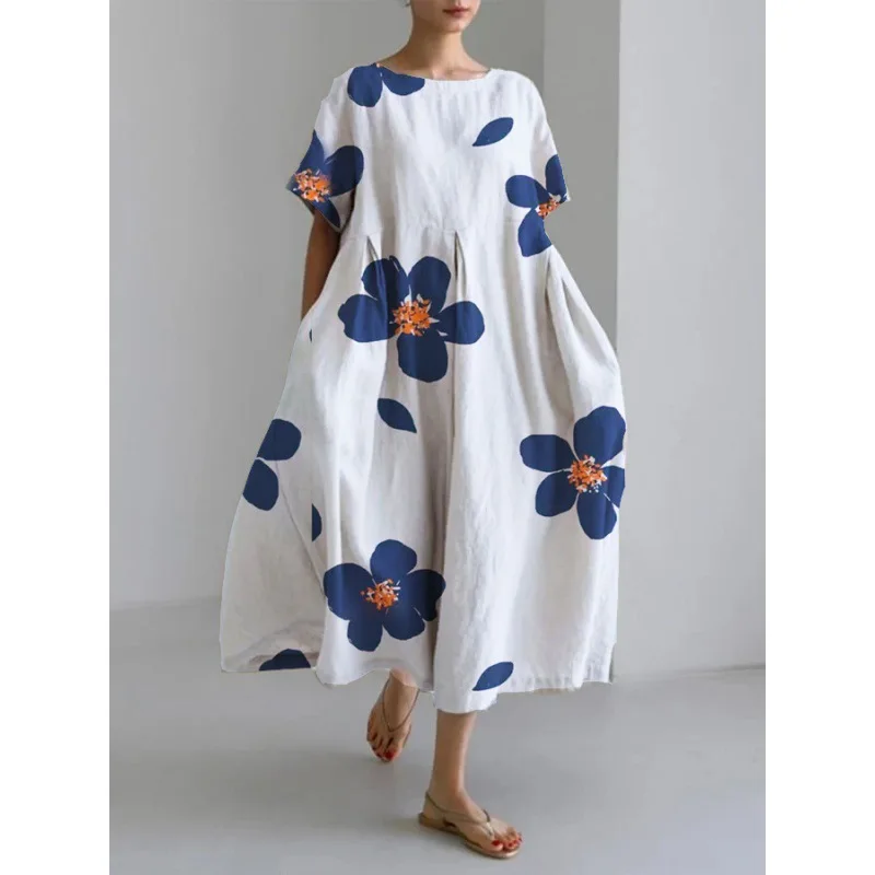 Fashion Lady Short Sleeve Big Swing Loose Maxi Dress Retro Women Flower Printing Pocket Dress O Neck Party Dressess Elegant Robe