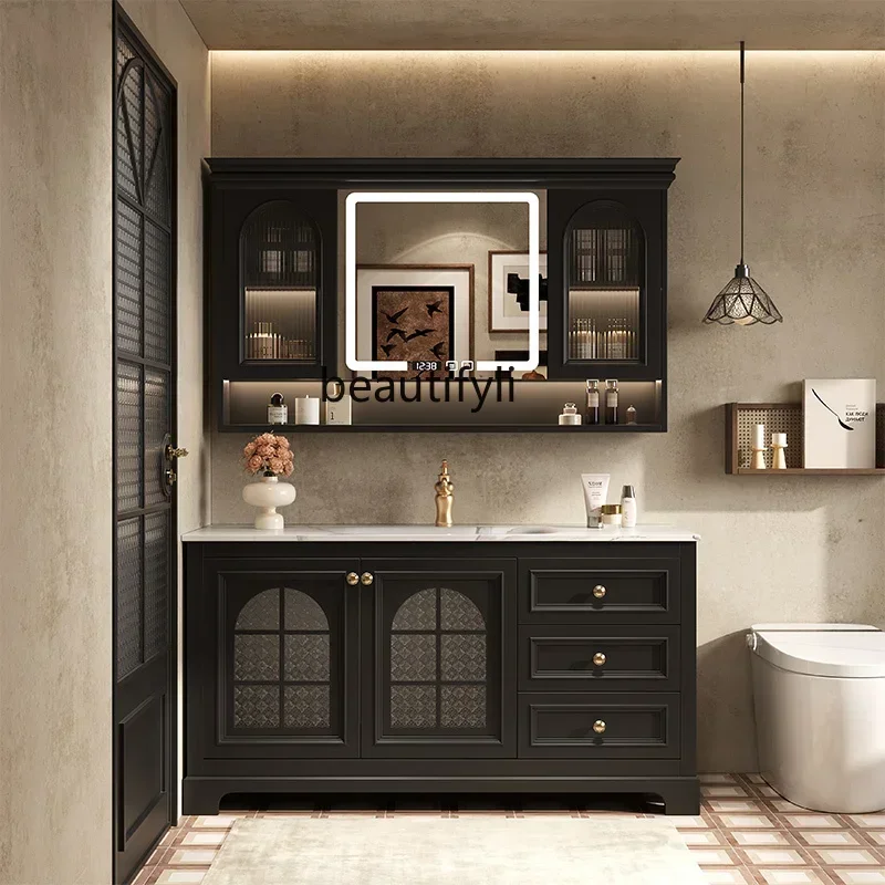 

French retro floor-to-ceiling bathroom cabinet combination bathroom rock slab hot bending integrated basin washstand