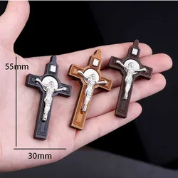 50 Pieces / St. Benedict Wooden Cross Medal Old Wooden Medal Rosary Cross Necklace Vintage Catholic Jesus Jewelry
